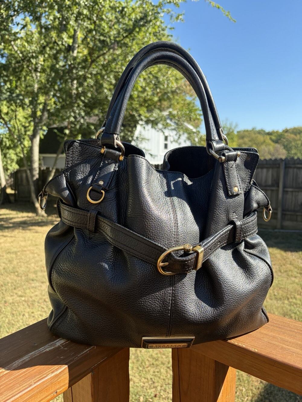Burberry Bridle Lynher Black Pebbled Leather Slouch Shoulder Tote Bag Large